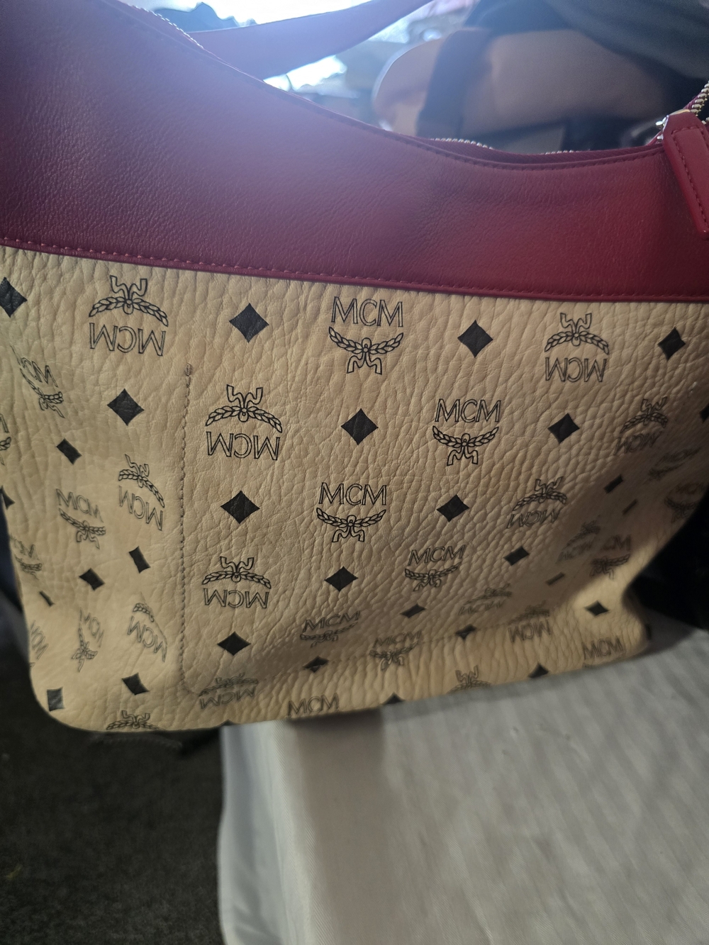 MCM Beige Tote with Red Trim Shoulder Bag